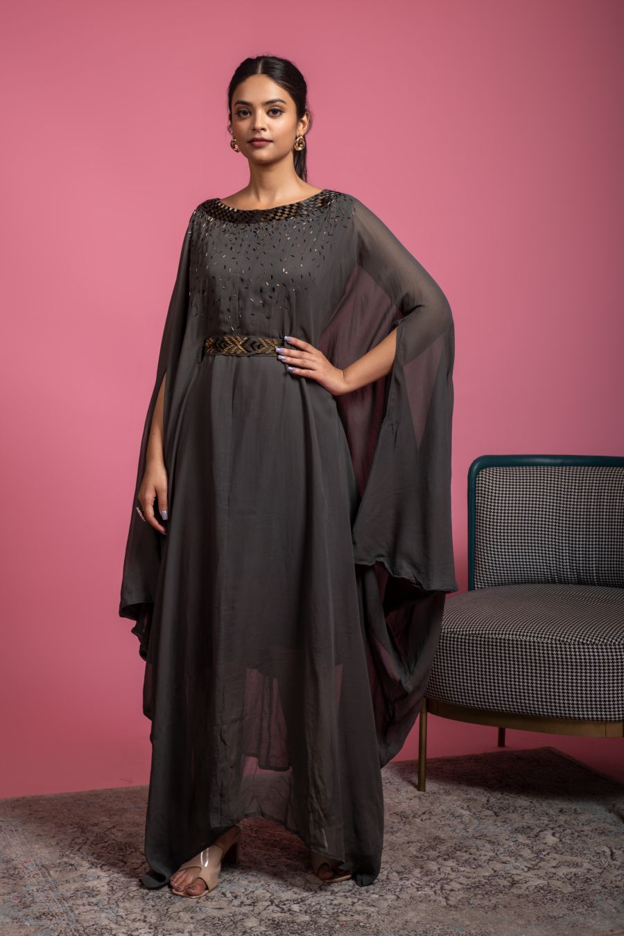 Mature Dark Grey Color Floor Length Ethnic Gown