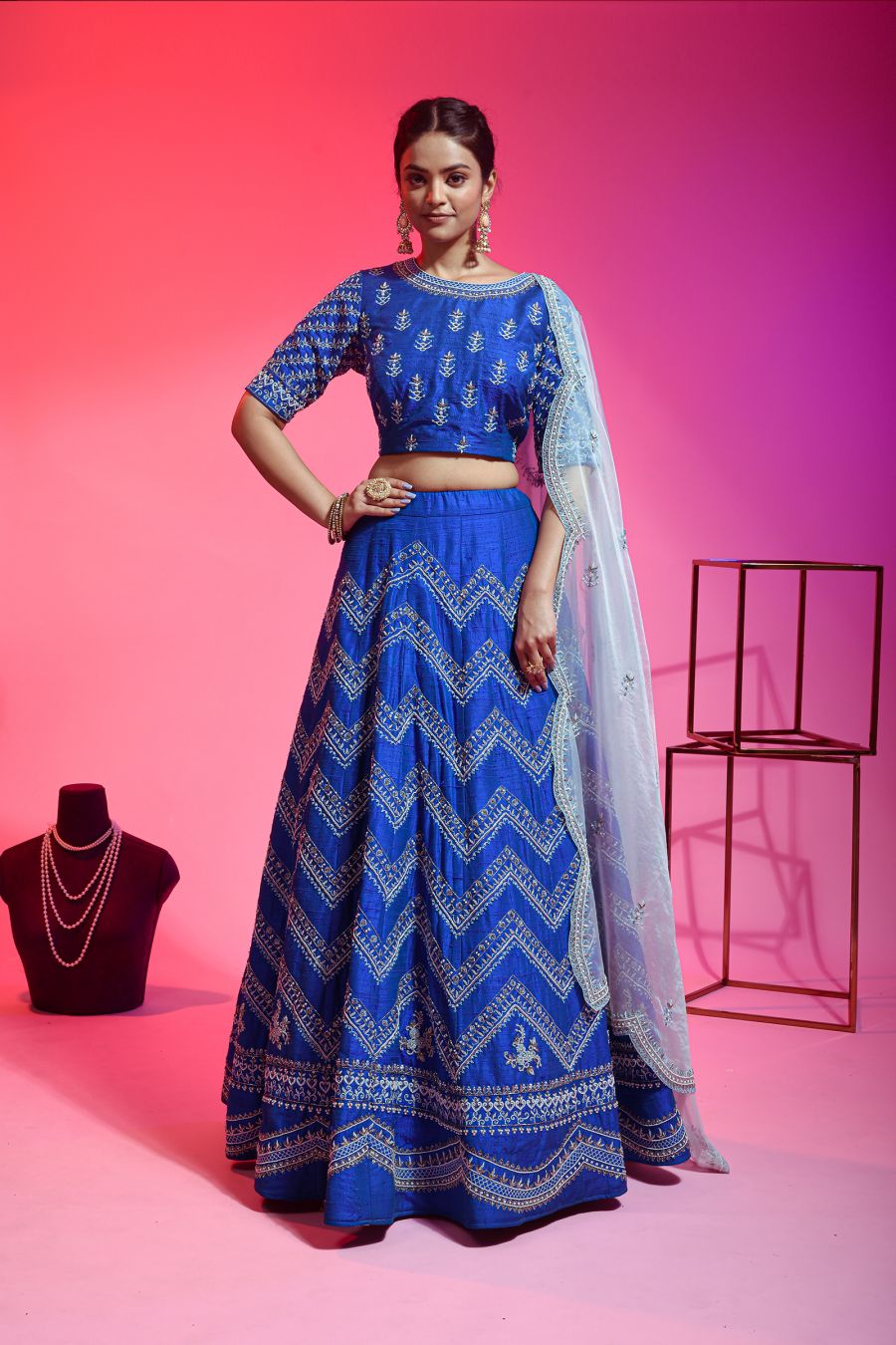 Royal Blue Pink Emb. Blouse, Royal Blue Pink Hand Emb. Skirt And Pink –  Siddhartha Bansal