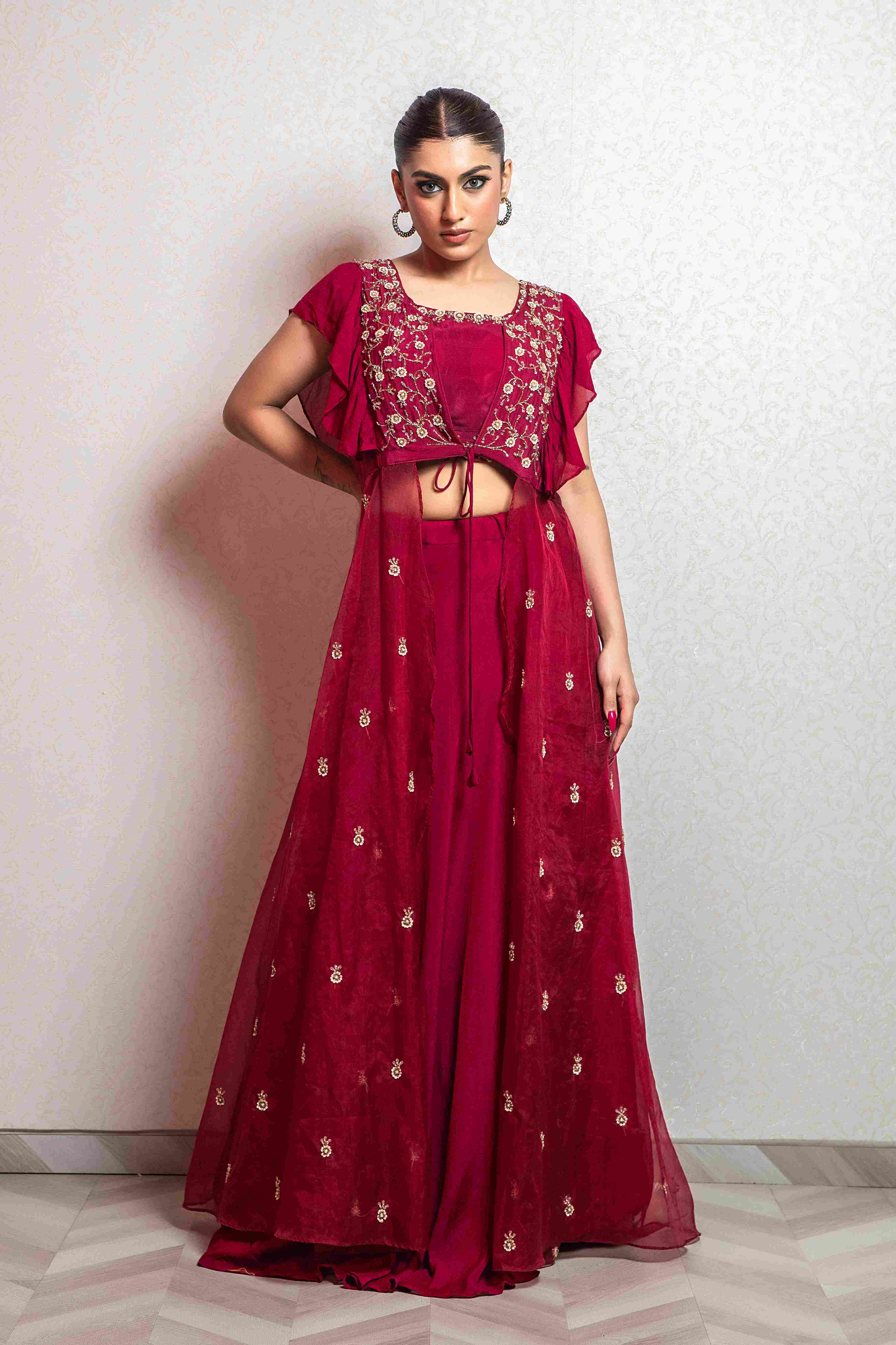 Dark Red Shrug Style Crop Top Set in Chinnon