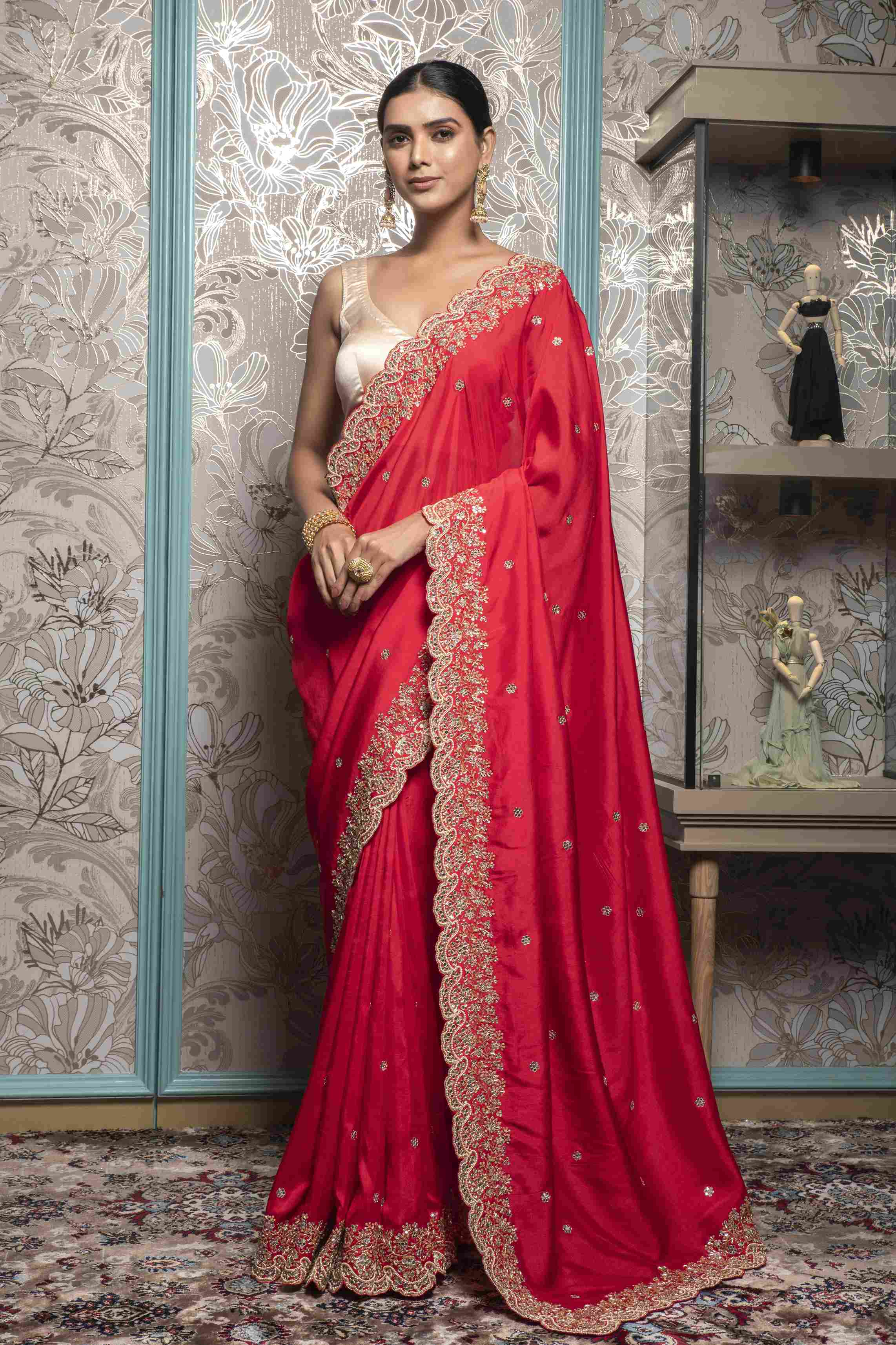 Borderless cherry red linen full-sequin designer saree