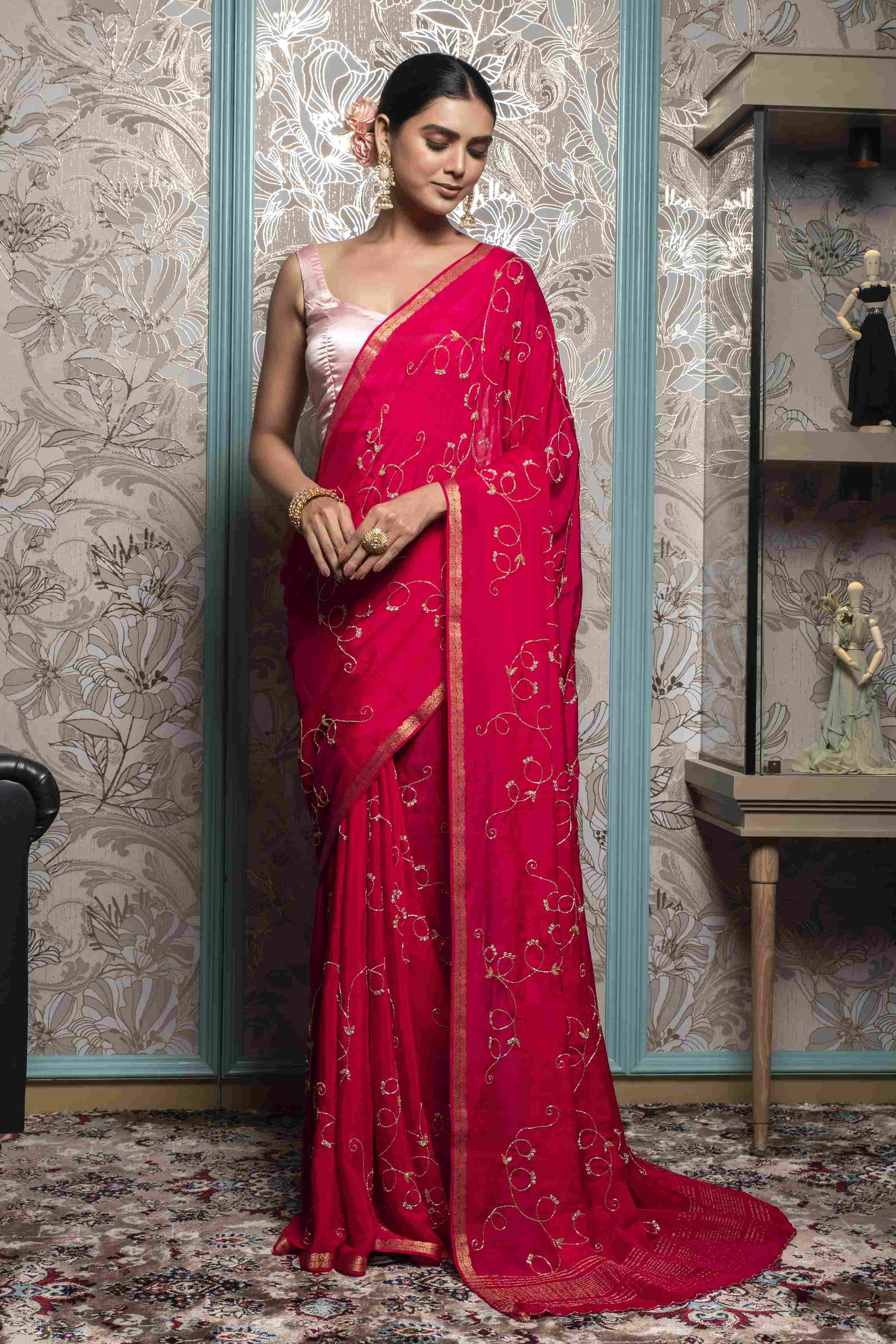 Dark Pink Colored Casual Wear Printed Georgette Saree – Designer mart