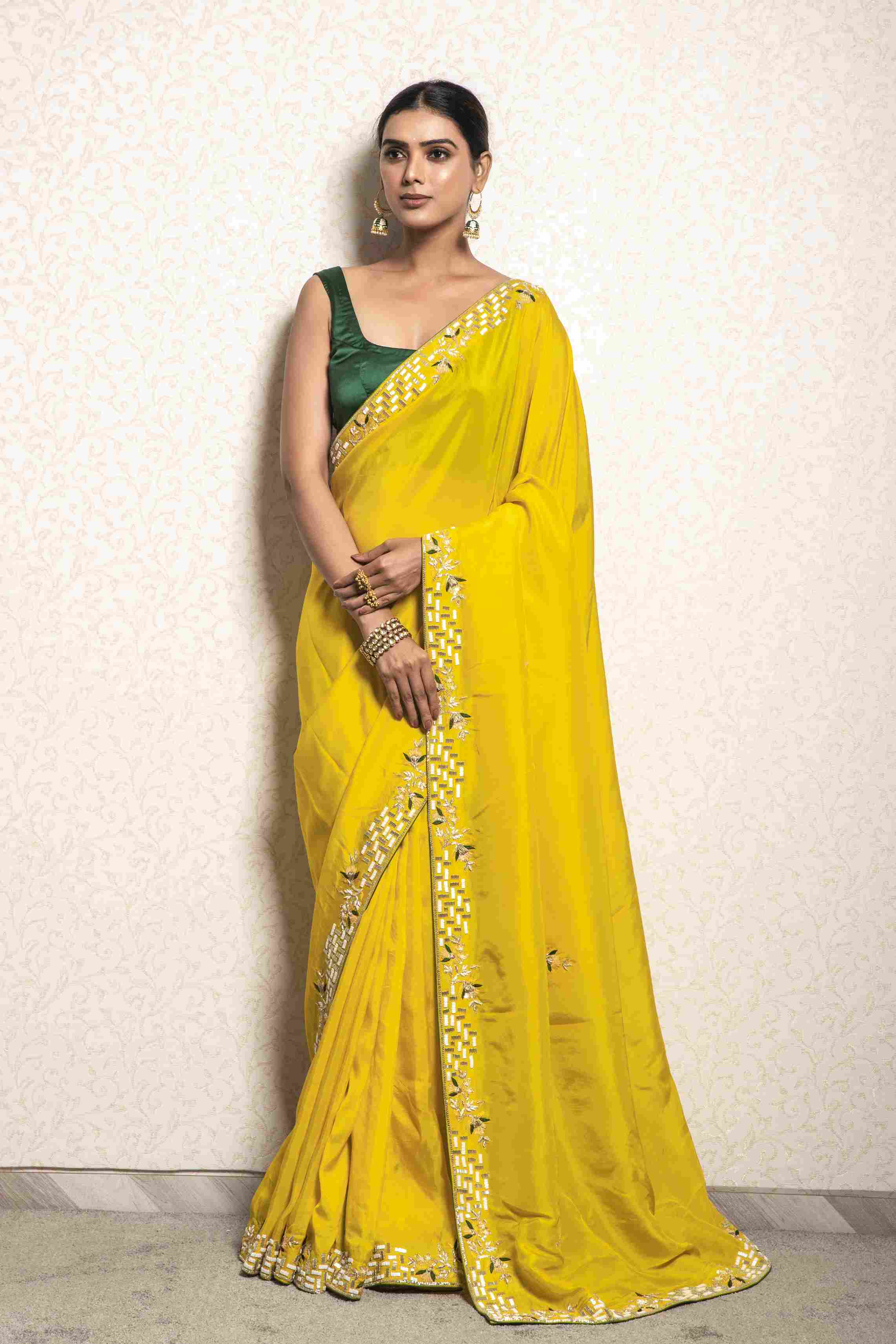 Silk Embroidered Bright Yellow Saree – Heritage India Fashions